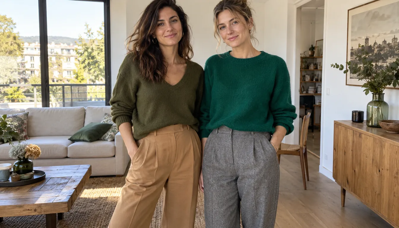 Tenues vert olive avec camel et vert émeraude avec gris posées côte à côte