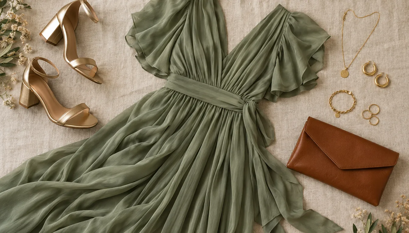 How to wear: Tenue d’invitée de mariage : Automne Doux Robe sauge, pochette cognac, sandales dorées et bijoux en or posés à plat