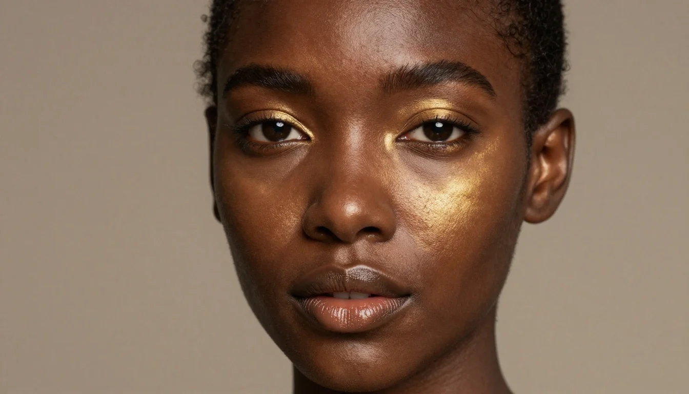 How to wear highlighter for dark skin: best shades — pairing rich deep gold, amber gold, dark warm gold near the face