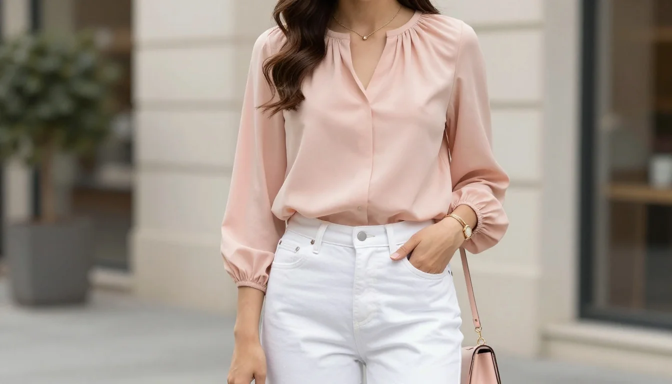 How to wear light spring casual outfits — pairing warm ivory, light camel, peach-beige near the face