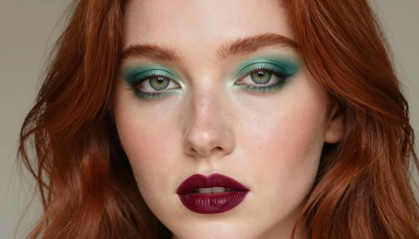 How to wear makeup for red hair and green eyes — pairing warm plum, dusty rose-mauve, forest green shadow near the face