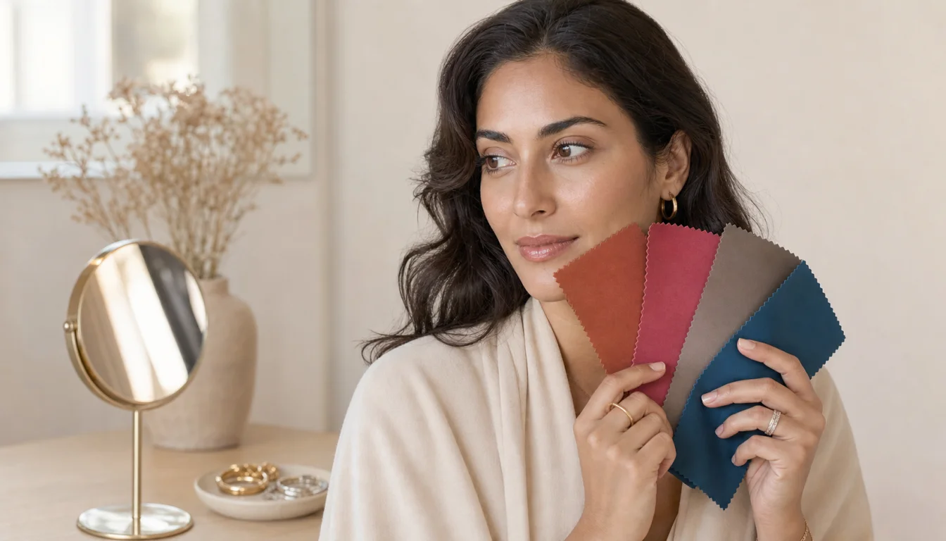Person comparing warm, cool, neutral, and olive color swatches beside the face in indirect natural daylight